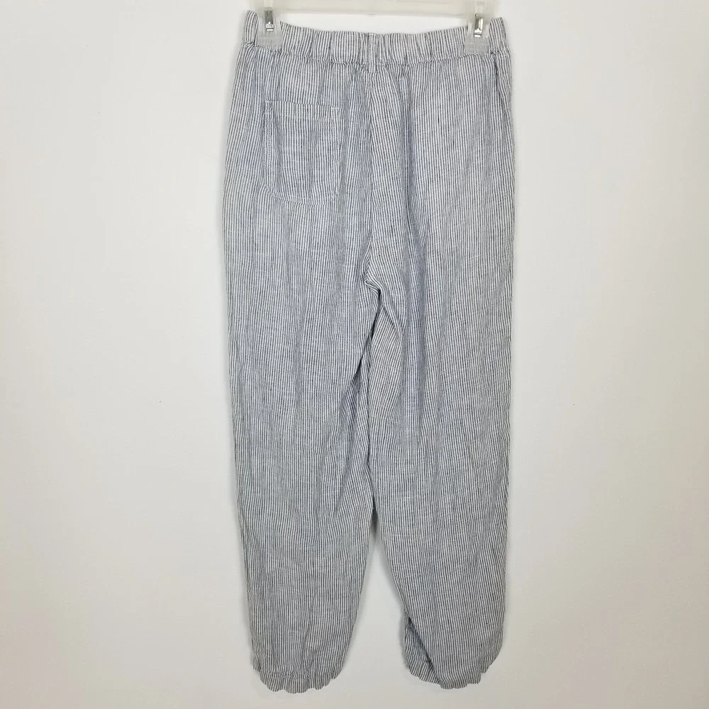 Quince‎ Women Linen Striped Pants Sz XS Blue White Elastic Waist Cropped Boho